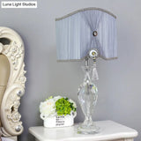 Minimalist Grey Crystal Table Lamp With Fabric Shade - Elegant Bedroom Night Light