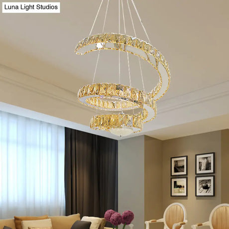 Minimalist Led Crystal Chandelier - Chrome Spiral Hanging Lamp In Warm/2 Color Light