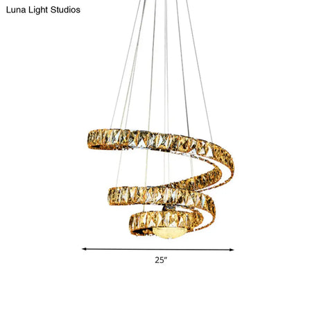 Minimalist Led Crystal Chandelier - Chrome Spiral Hanging Lamp In Warm/2 Color Light
