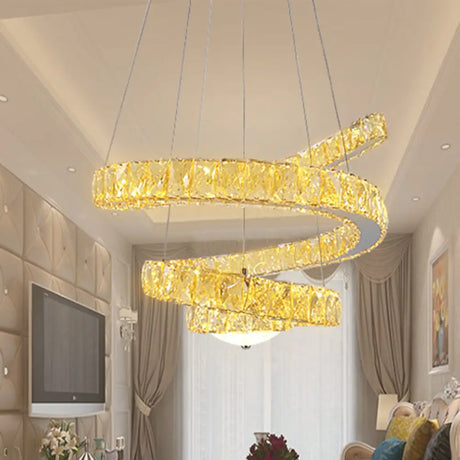 Minimalist Led Crystal Chandelier - Chrome Spiral Hanging Lamp In Warm/2 Color Light / Warm