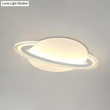 Minimalist Led Flush Lamp For Kid’s Bedroom: Ringed Planet Ceiling Light In White