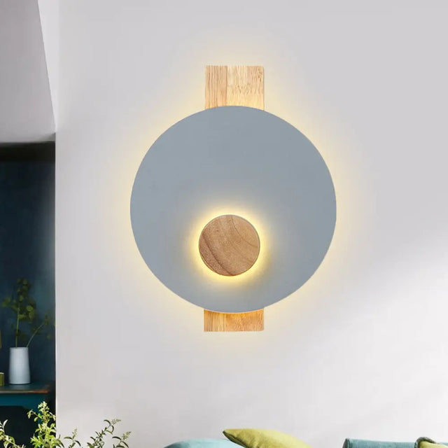 Minimalist Led Metal Disk Wall Light Fixture With Wood Backplate - Black/Grey/White Grey