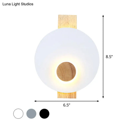 Minimalist Led Metal Disk Wall Light Fixture With Wood Backplate - Black/Grey/White