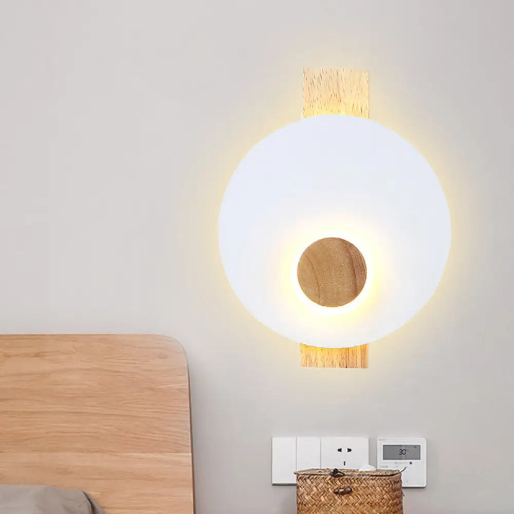 Minimalist Led Metal Disk Wall Light Fixture With Wood Backplate - Black/Grey/White White