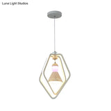 Minimalist Led White Pendant Lamp With Acrylic Dual Pentagon Frame And Bell Inside