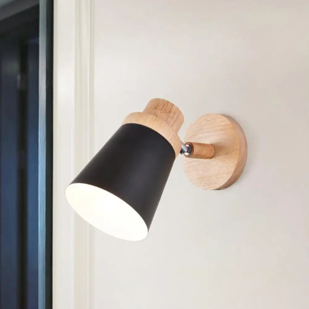 Minimalist Metal 1-Head Barrel Wall Lamp Sconce With Wood Backplate - Stylish Living Room Light