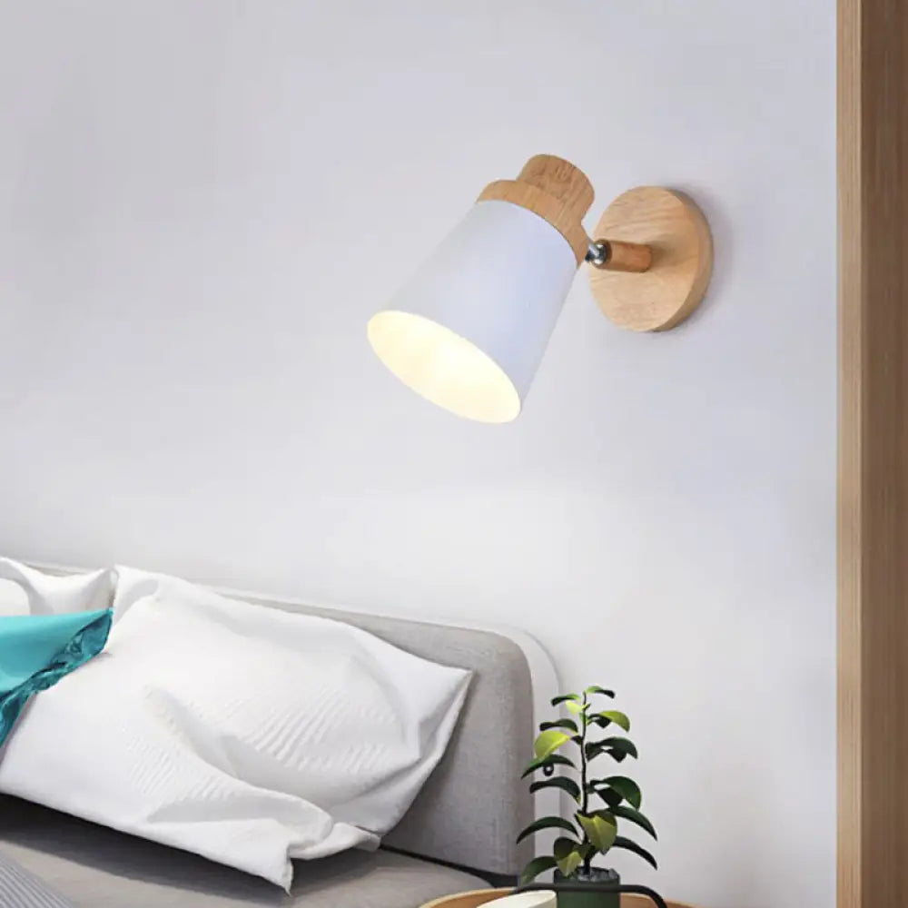 Minimalist Metal 1-Head Barrel Wall Lamp Sconce With Wood Backplate - Stylish Living Room Light