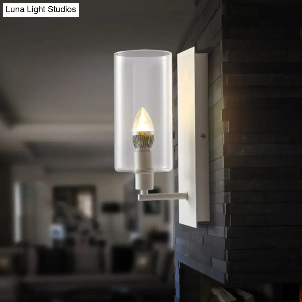Minimalist Metal Candle Wall Lamp With Clear Glass Shade - White 1-Head Sconce Light Fixture