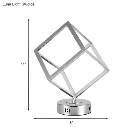 Minimalist Metal Led Bedside Lamp With Chrome Finish - Cubic Frame Round Base