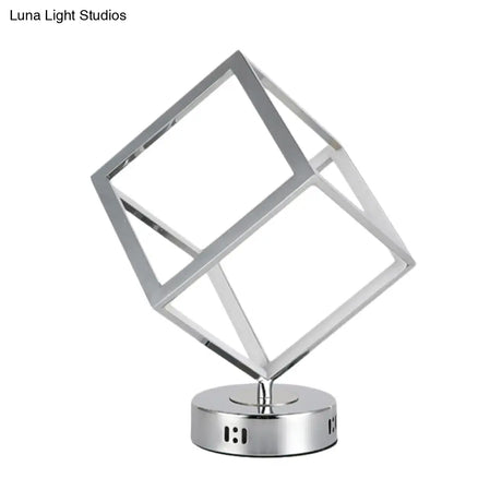 Minimalist Metal Led Bedside Lamp With Chrome Finish - Cubic Frame Round Base