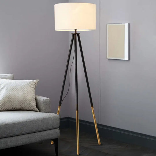 Minimalist Metal Tripod Floor Lamp With Drum Fabric Shade White