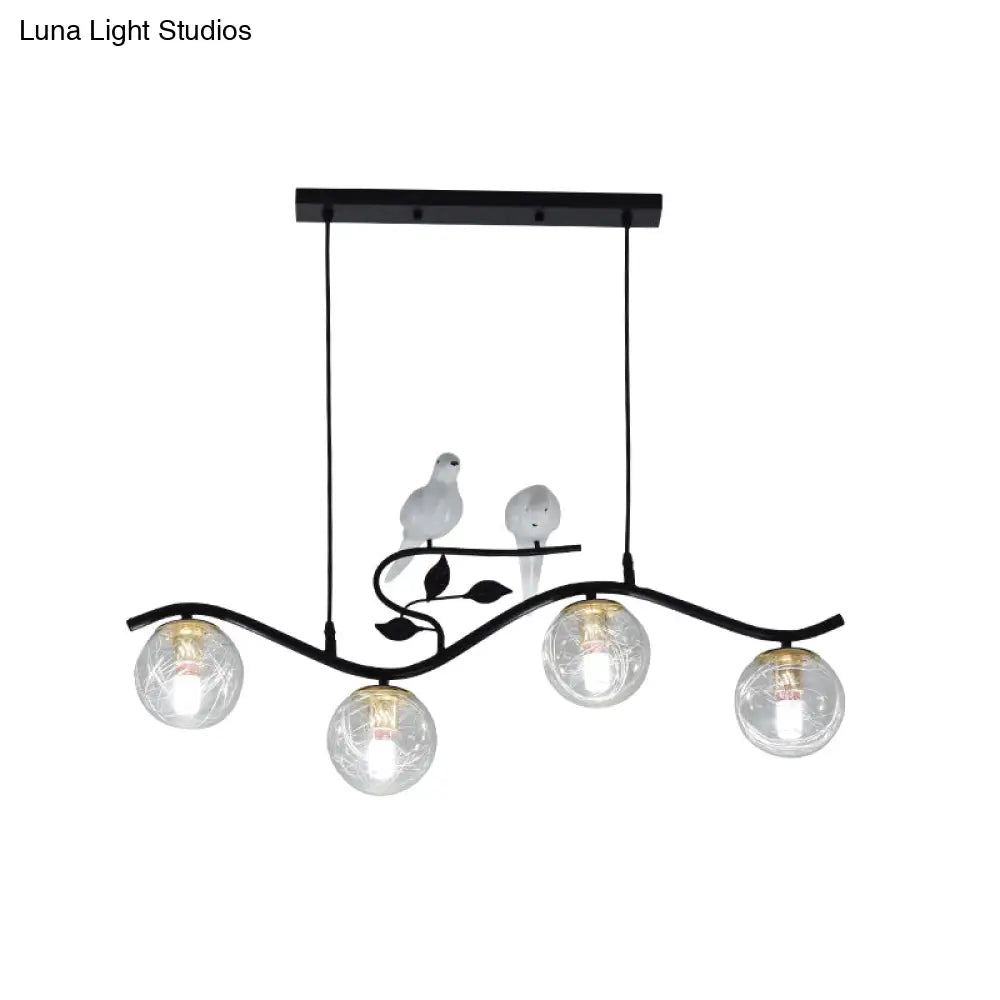 Minimalist Metal Wavy Island Pendant With 4-Light Black Hanging Lamp Ball Glass Shade And Bird Deco
