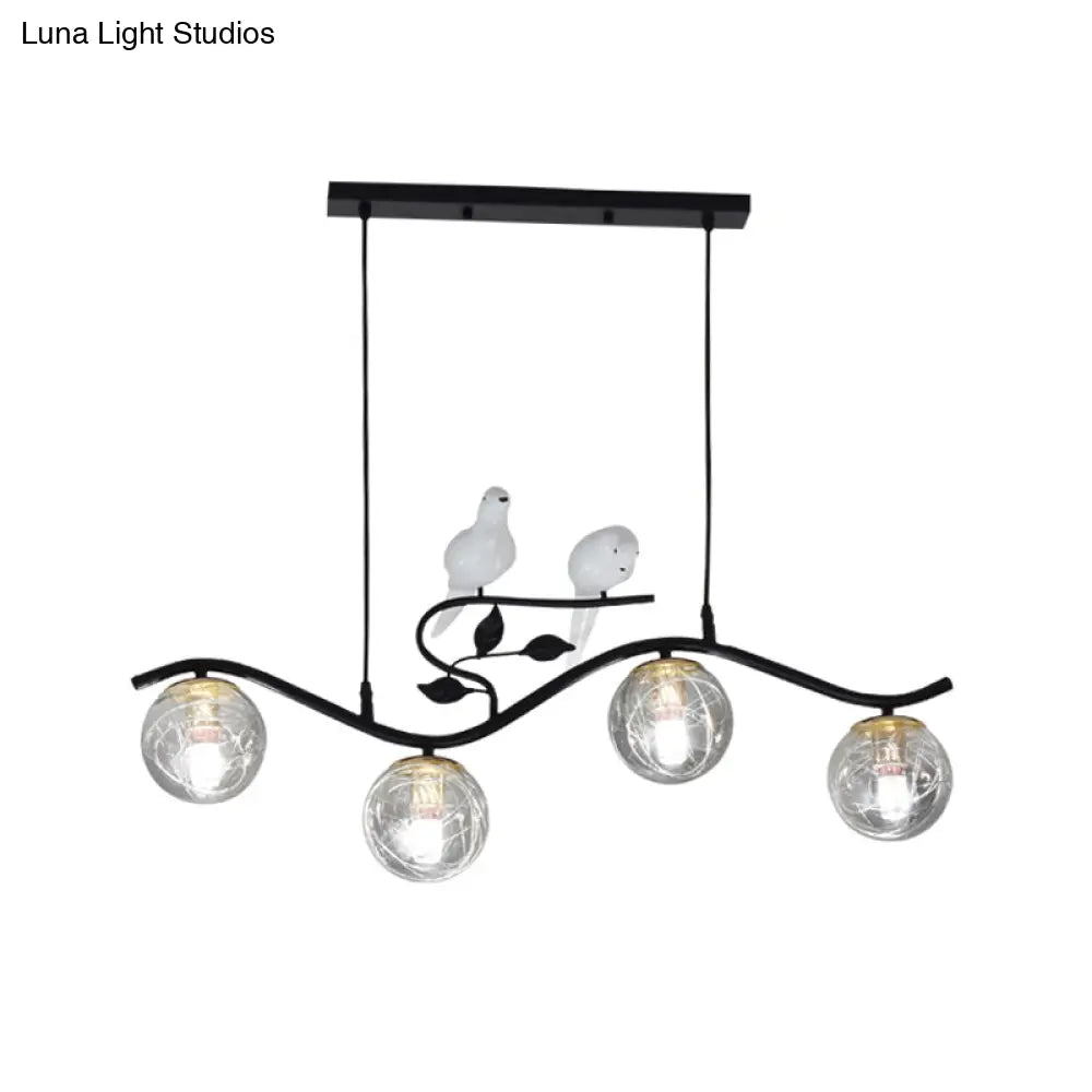 Minimalist Metal Wavy Island Pendant With 4-Light Black Hanging Lamp Ball Glass Shade And Bird Deco