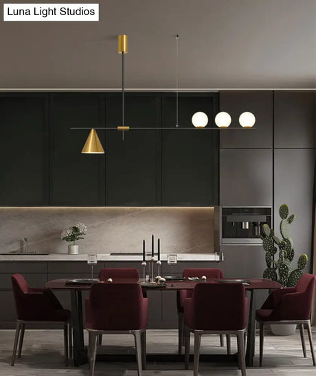 Minimalist Modern Linear Chandelier With Spherical White Glass Ceiling Light Fixture