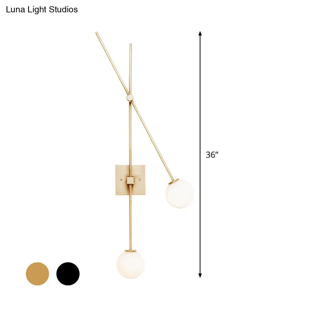 Minimalist Opal Glass Bubble Wall Sconce With Metal Arm - 2 Bulb Light Fixture In Black/Gold