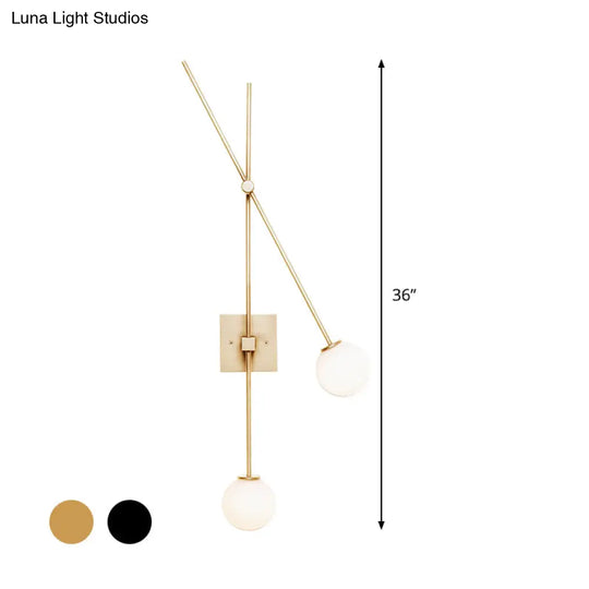 Minimalist Opal Glass Bubble Wall Sconce With Metal Arm - 2 Bulb Light Fixture In Black/Gold
