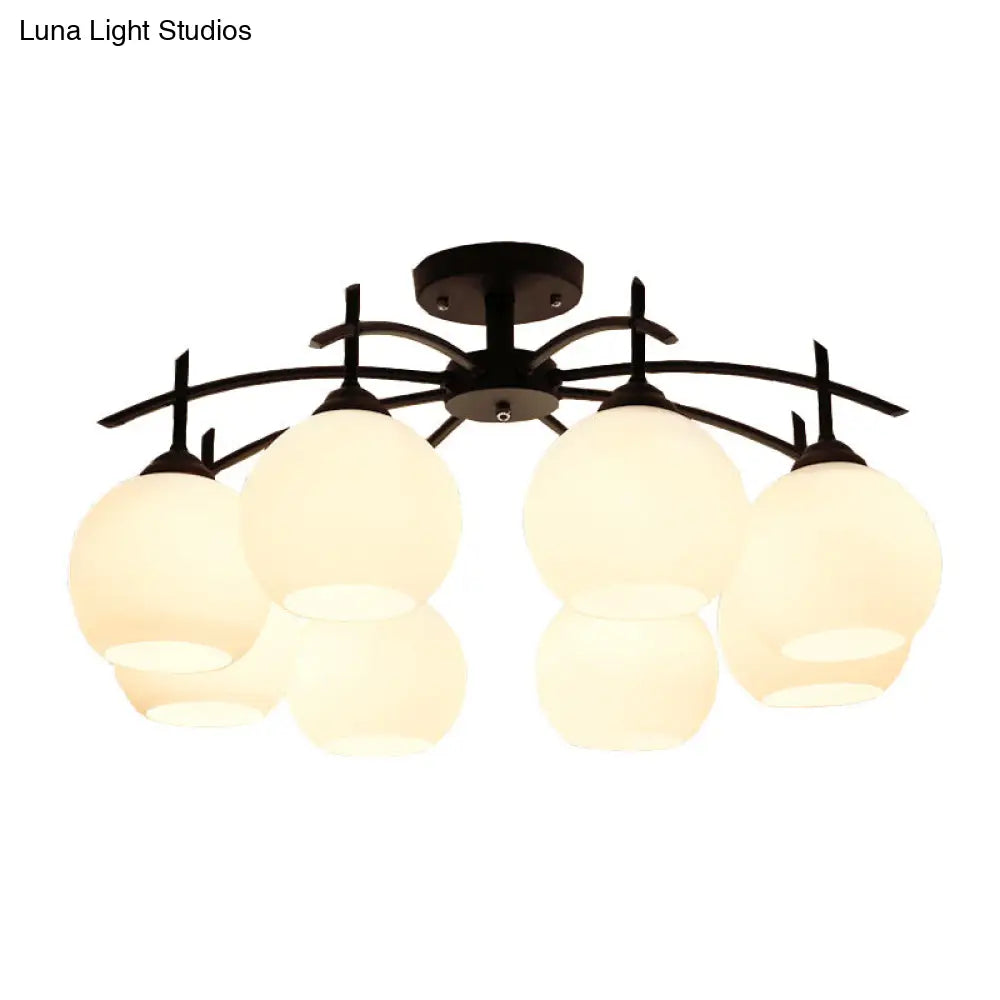 Minimalist Black Domed Flush Ceiling Light With Opal Glass For Living Room