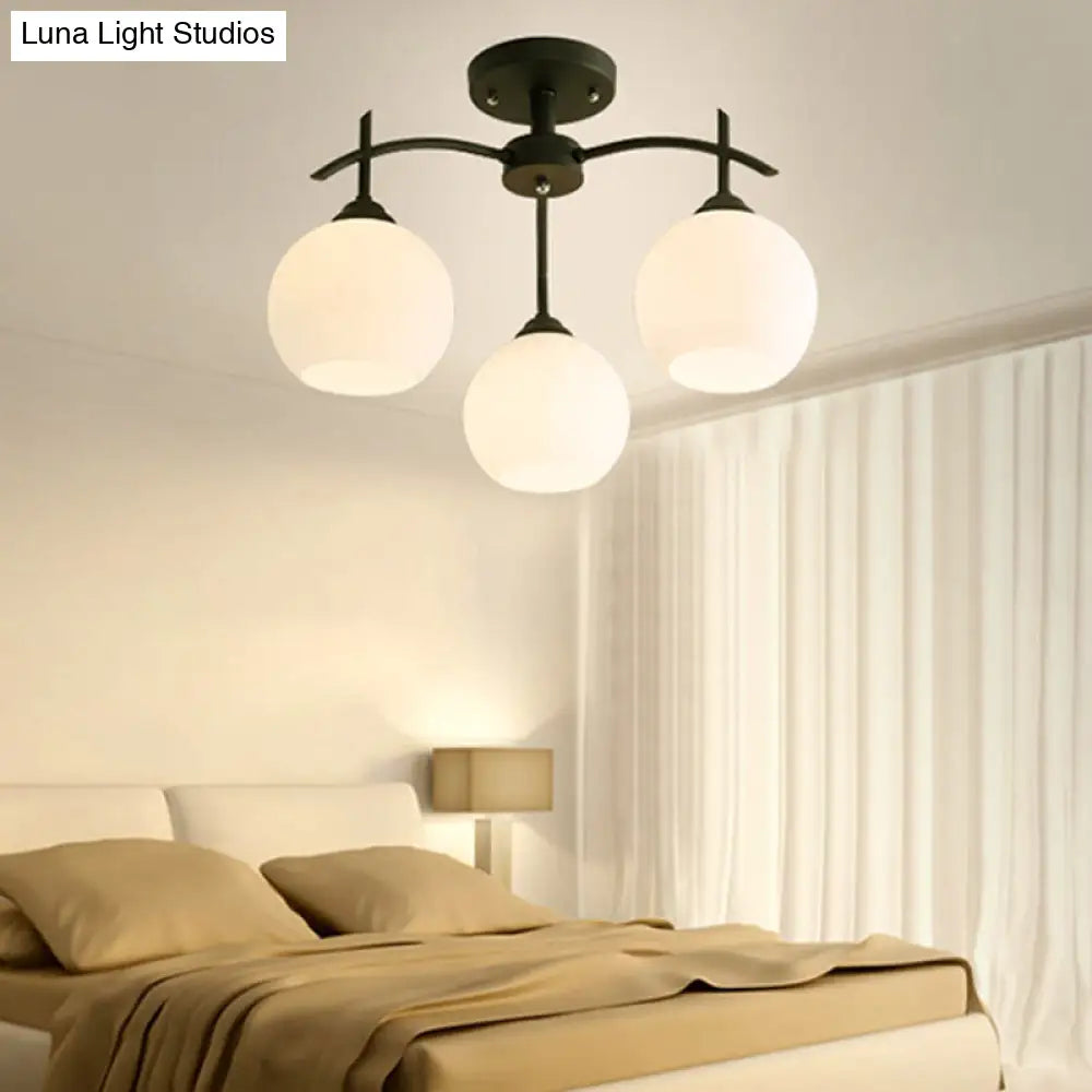 Minimalist Black Domed Flush Ceiling Light With Opal Glass For Living Room