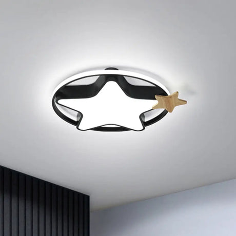 Minimalist Pentagram Led Flushmount Ceiling Lamp For Kids Bedroom In Black/Grey And Wood Black