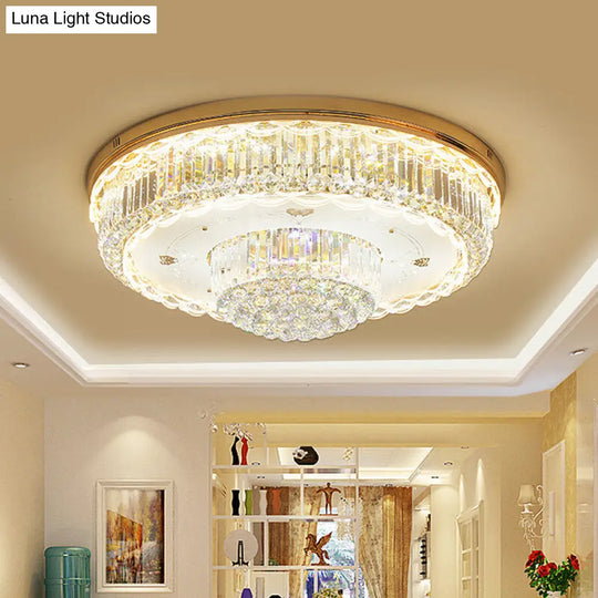 Minimalist Prismatic Crystal Gold Flush Mount Light For Living Room - 2 Tiers Led Ceiling Fixture