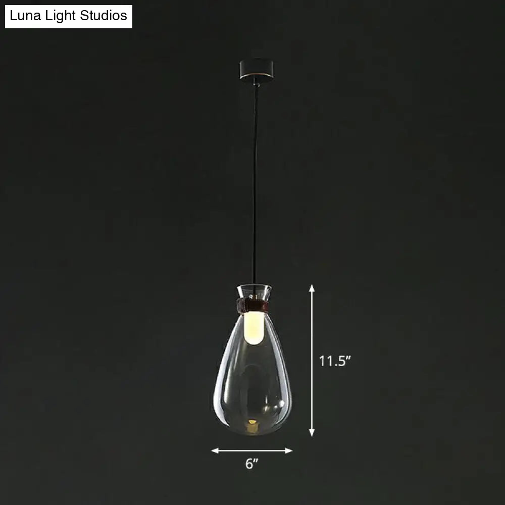 Minimalist Raindrop Glass Hanging Light With Leather Strap 1-Light Suspended Lighting Fixture Clear
