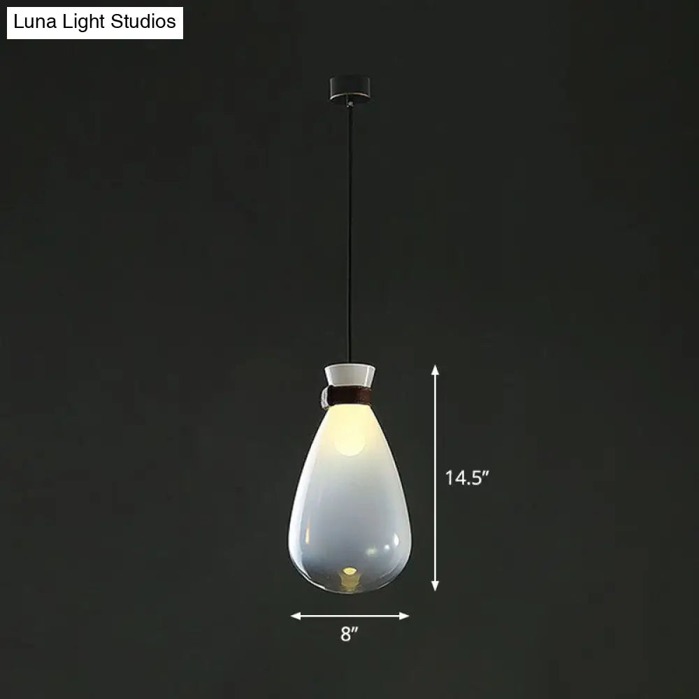 Minimalist Raindrop Glass Hanging Light With Leather Strap 1-Light Suspended Lighting Fixture White