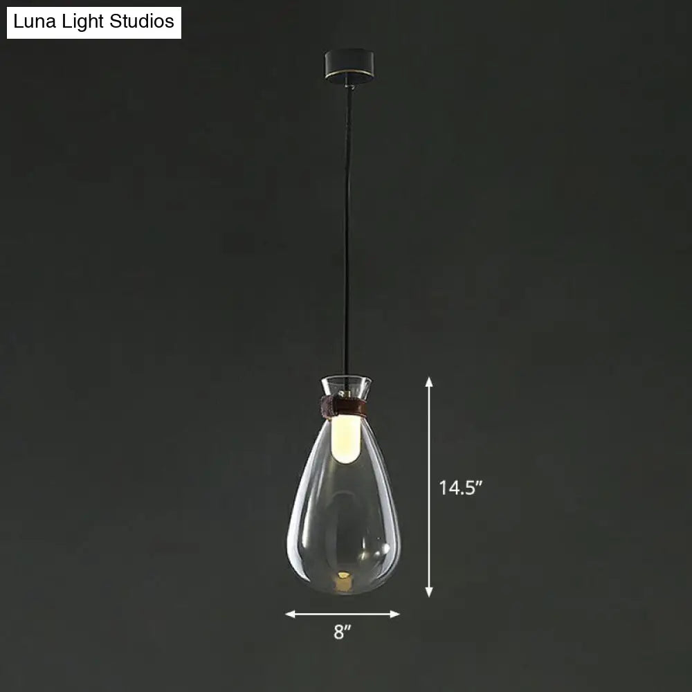 Minimalist Raindrop Glass Hanging Light With Leather Strap 1-Light Suspended Lighting Fixture Clear