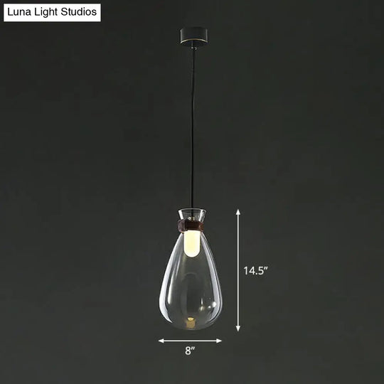 Minimalist Raindrop Glass Hanging Light With Leather Strap 1-Light Suspended Lighting Fixture Clear
