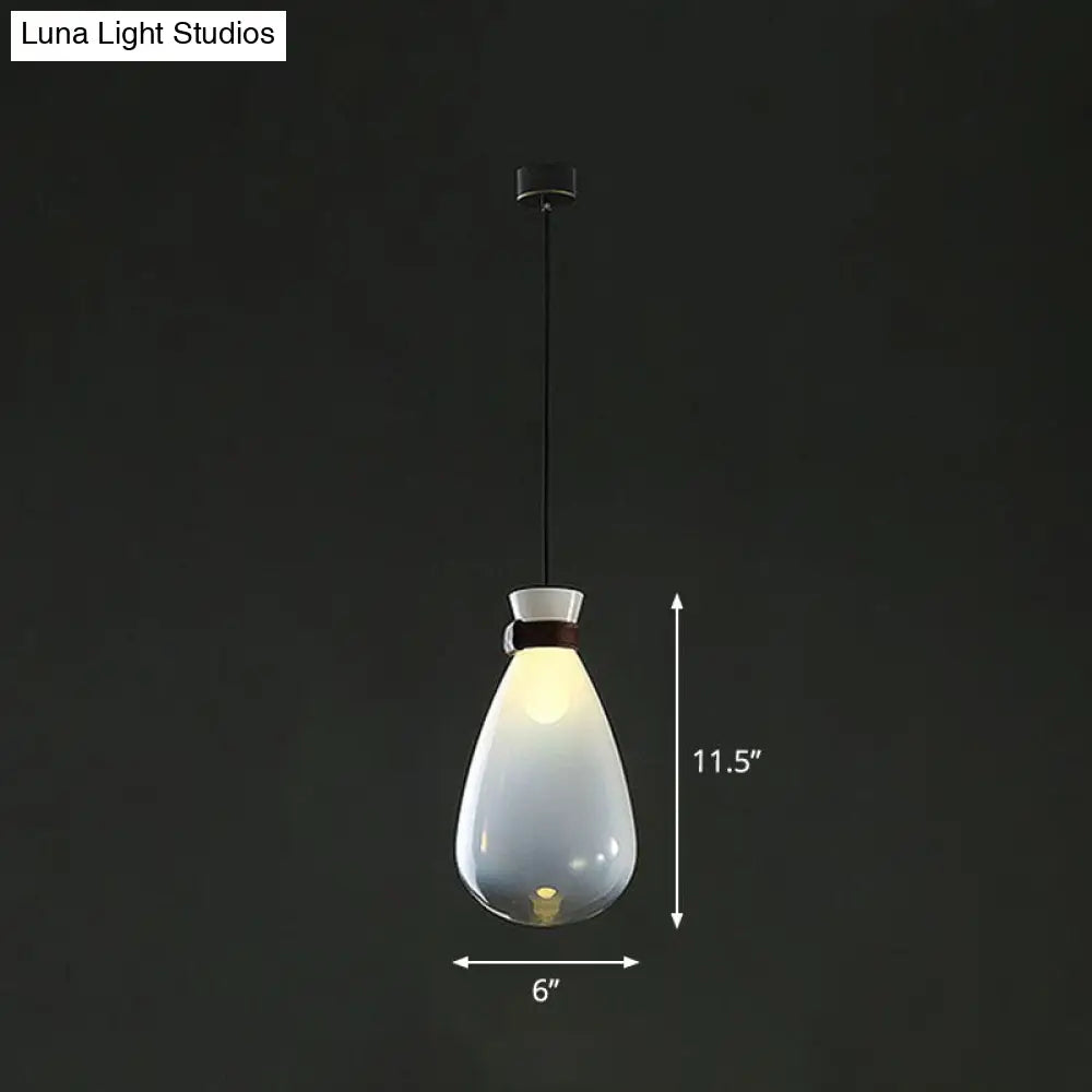 Minimalist Raindrop Glass Hanging Light With Leather Strap 1-Light Suspended Lighting Fixture White