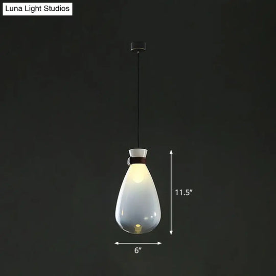Minimalist Raindrop Glass Hanging Light With Leather Strap 1-Light Suspended Lighting Fixture White