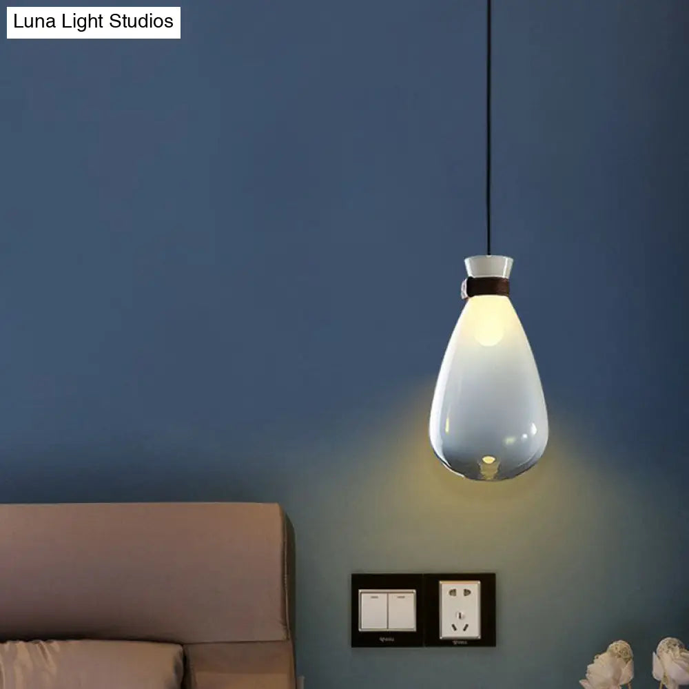 Minimalist Raindrop Glass Hanging Light With Leather Strap 1-Light Suspended Lighting Fixture