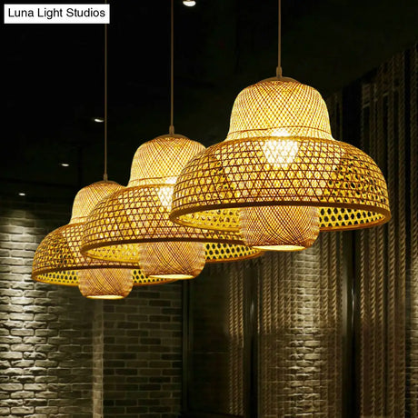 Minimalist Rattan Hot Pot Suspension Light With Wooden Pendant