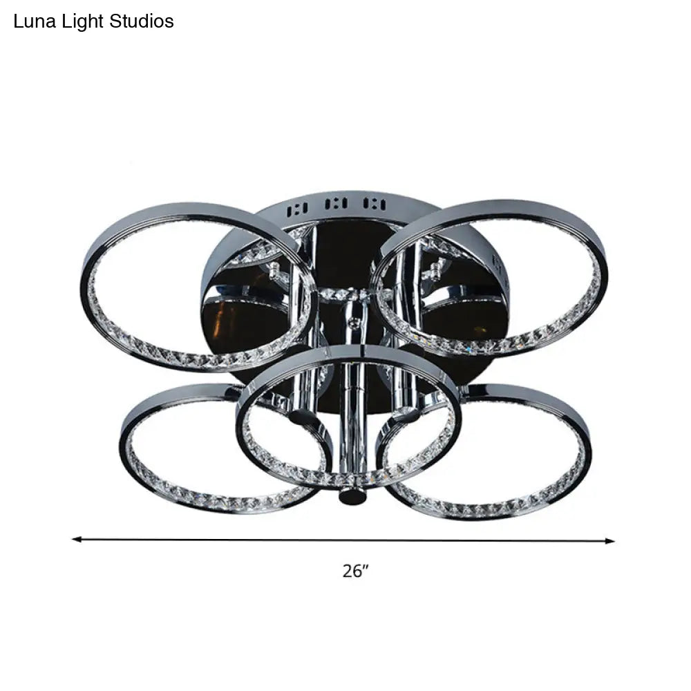 Minimalist Silver Circle Crystal Led Semi Flush Mount Light For Living Room - Warm/White Glow