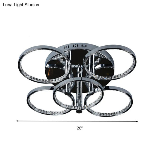 Minimalist Silver Circle Crystal Led Semi Flush Mount Light For Living Room - Warm/White Glow