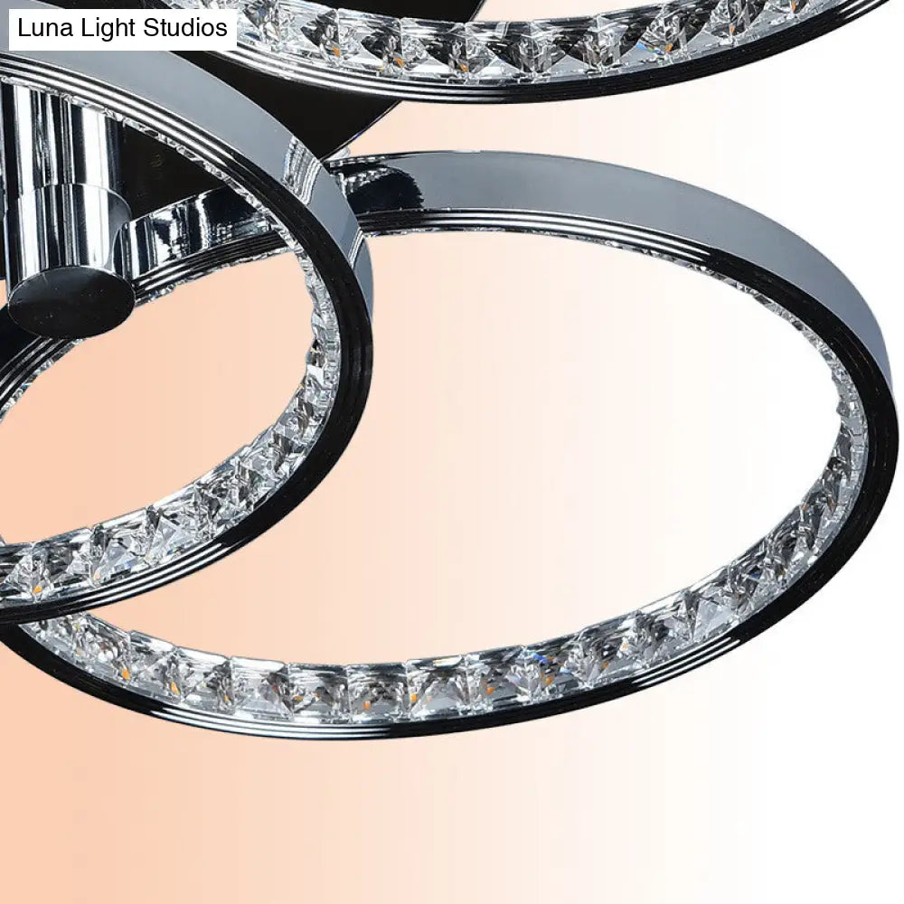 Minimalist Silver Circle Crystal Led Semi Flush Mount Light For Living Room - Warm/White Glow