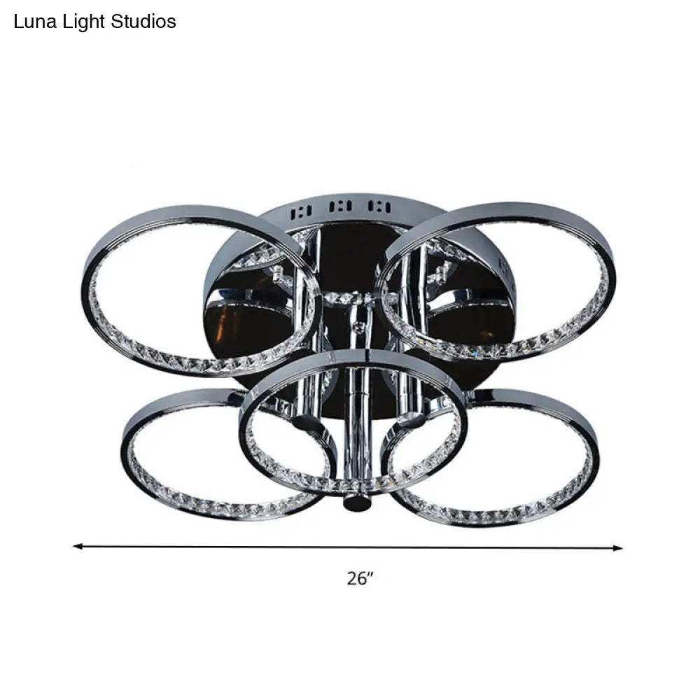 Minimalist Silver Circle Crystal Led Semi Flush Mount Light For Living Room - Warm/White Glow