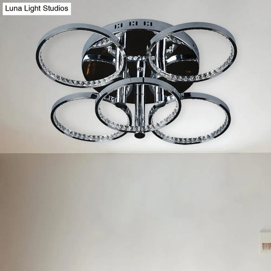Minimalist Silver Circle Crystal Led Semi Flush Mount Light For Living Room - Warm/White Glow