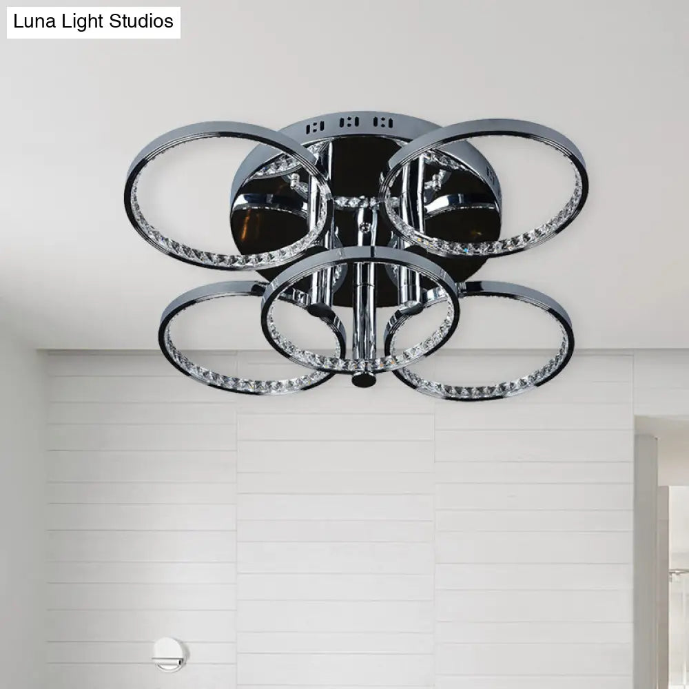 Minimalist Silver Circle Crystal Led Semi Flush Mount Light For Living Room - Warm/White Glow /