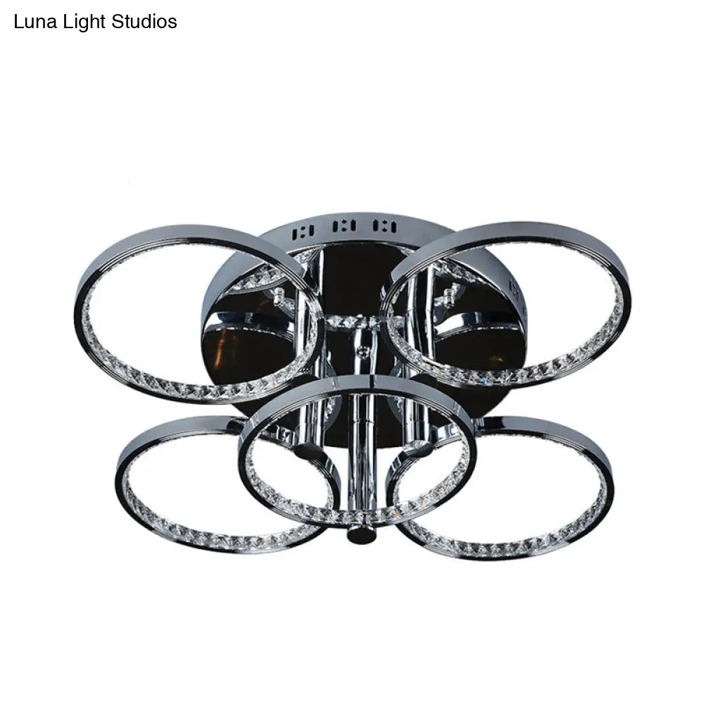 Minimalist Silver Circle Crystal Led Semi Flush Mount Light For Living Room - Warm/White Glow