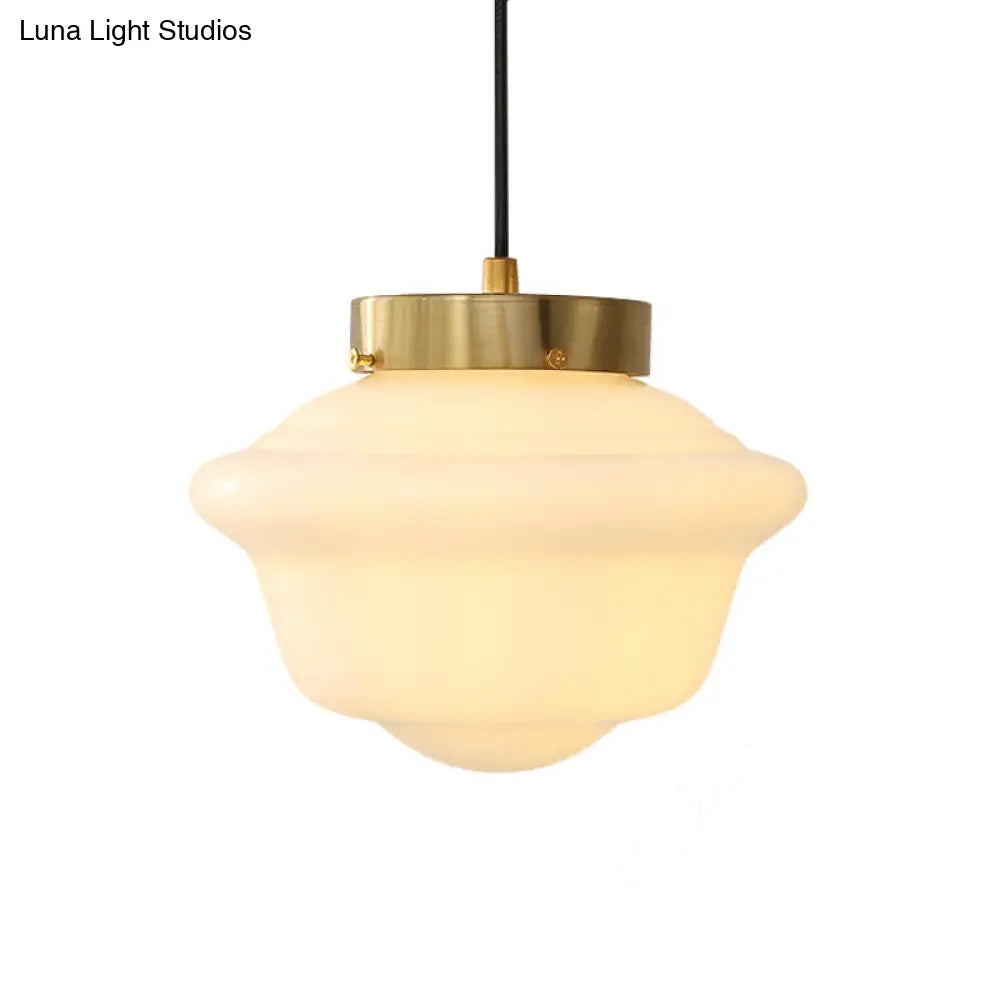 Minimalist Single Brass Hanging Ceiling Light - White Glass Pendant With Gyro Shape For Restaurants