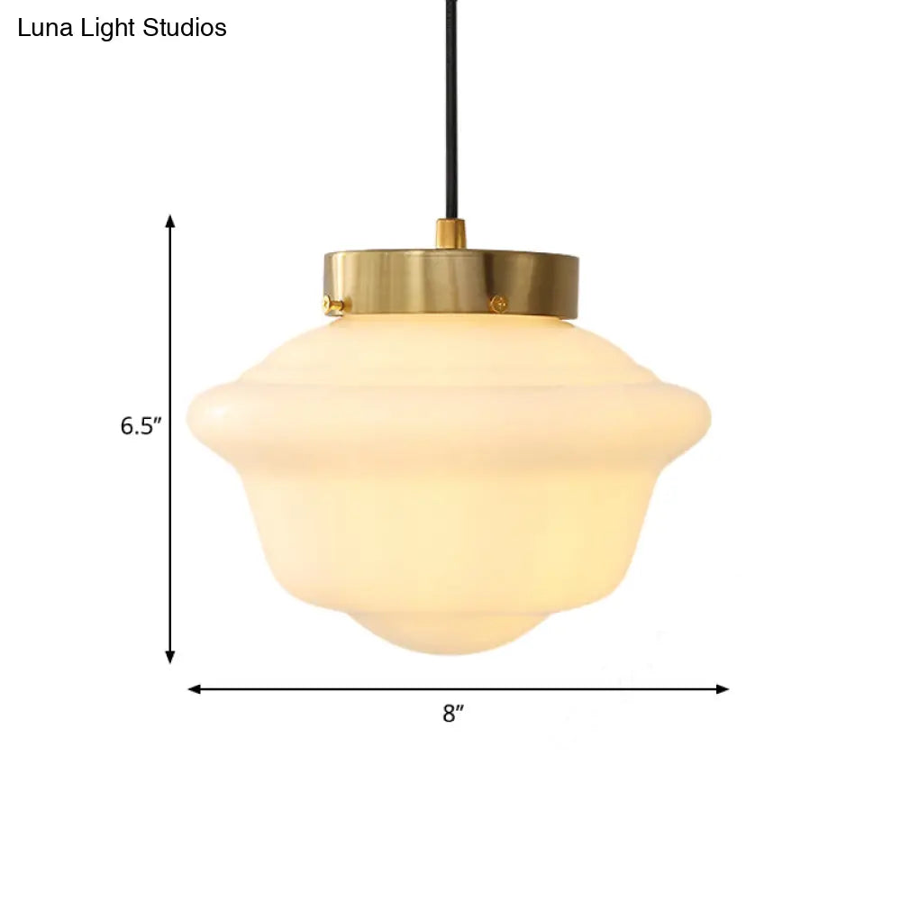 Minimalist Single Brass Hanging Ceiling Light - White Glass Pendant With Gyro Shape For Restaurants