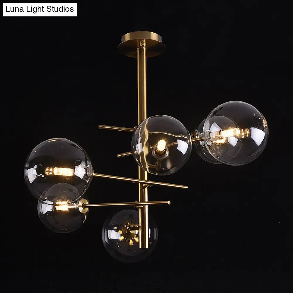 Minimalist Smoke Gray Glass Semi Flush Mount Light With Brass Accents - 6/9 Globe Shaped Fixture