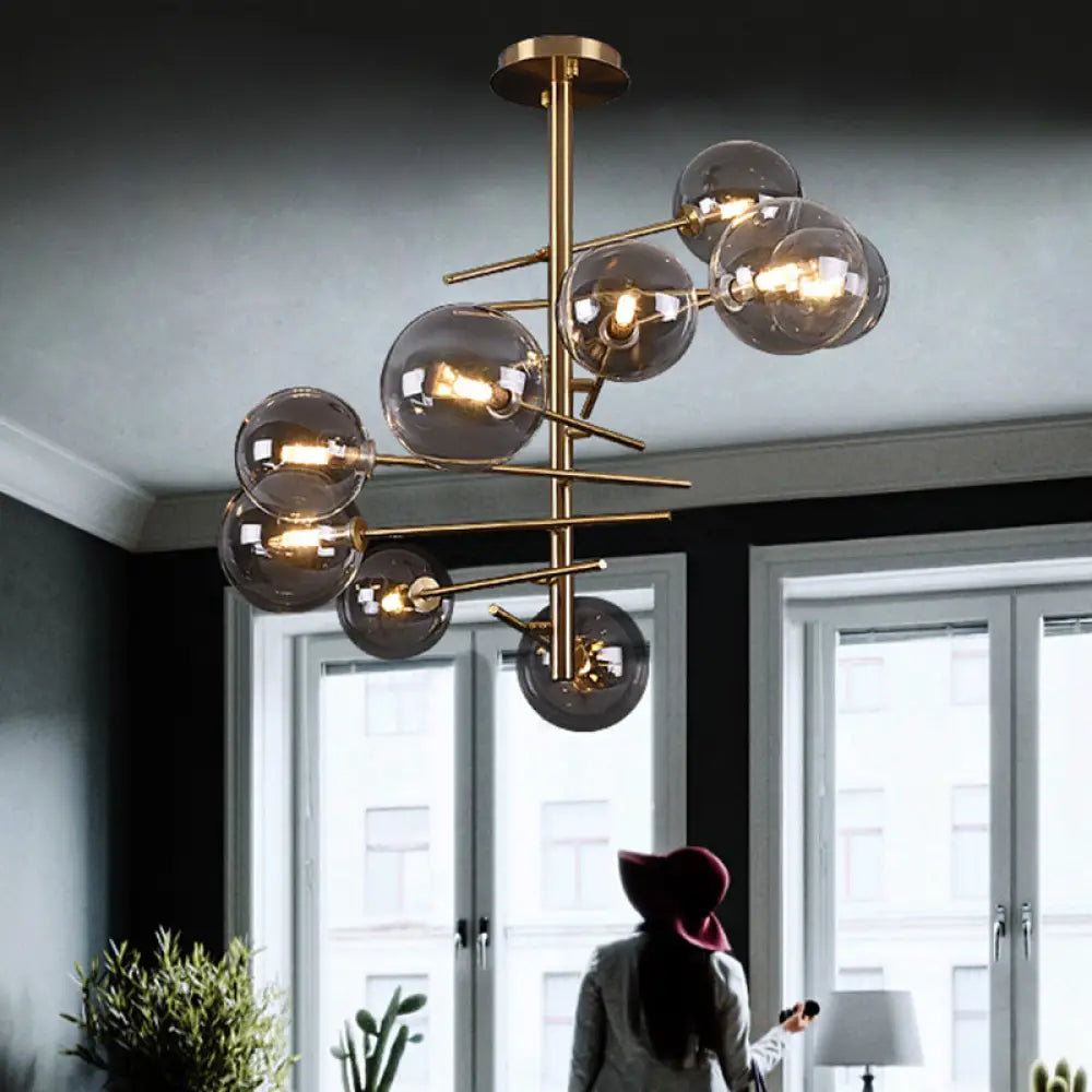 Minimalist Smoke Gray Glass Semi Flush Mount Light With Brass Accents - 6/9 Globe Shaped Fixture 9 /