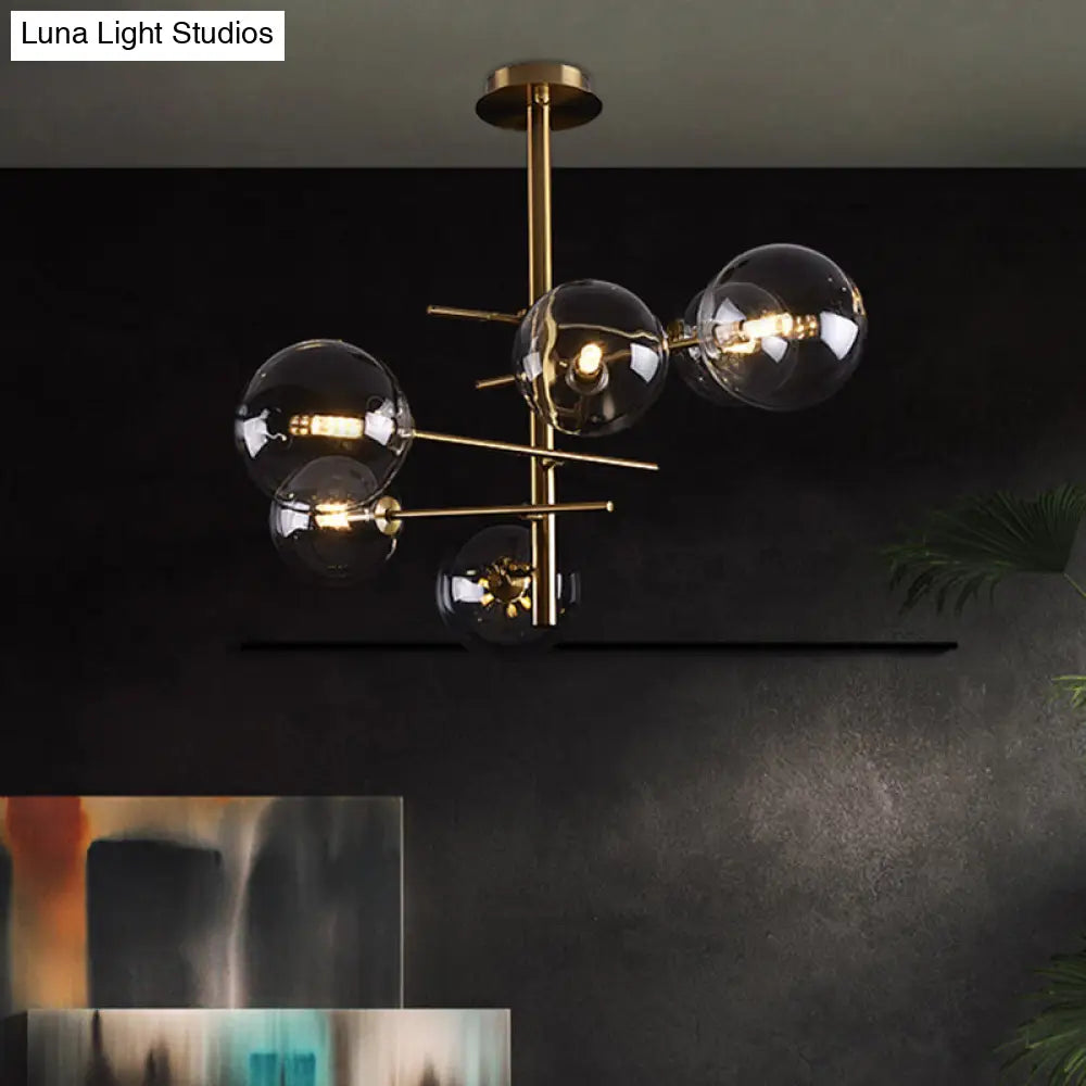 Minimalist Smoke Gray Glass Semi Flush Mount Light With Brass Accents - 6/9 Globe Shaped Fixture 6 /