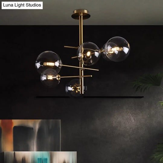 Minimalist Smoke Gray Glass Semi Flush Mount Light With Brass Accents - 6/9 Globe Shaped Fixture 6 /