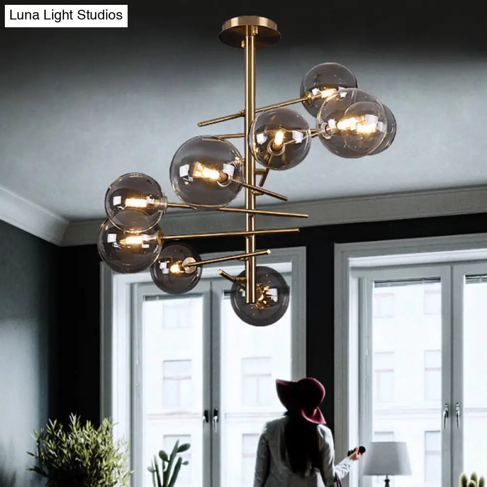 Minimalist Smoke Gray Glass Semi Flush Mount Light With Brass Accents - 6/9 Globe Shaped Fixture 9 /