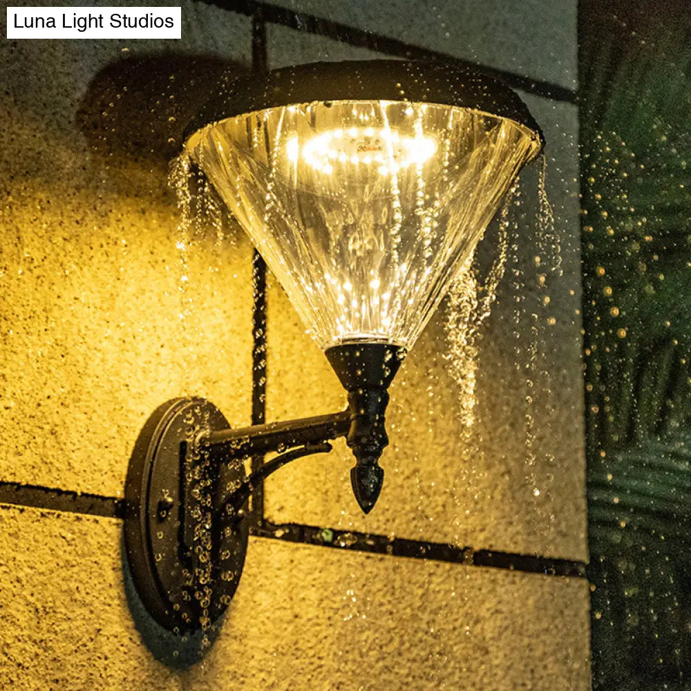 Minimalist Solar Led Wall Lamp In Black - Acrylic Conical Fixture For Porch Mount