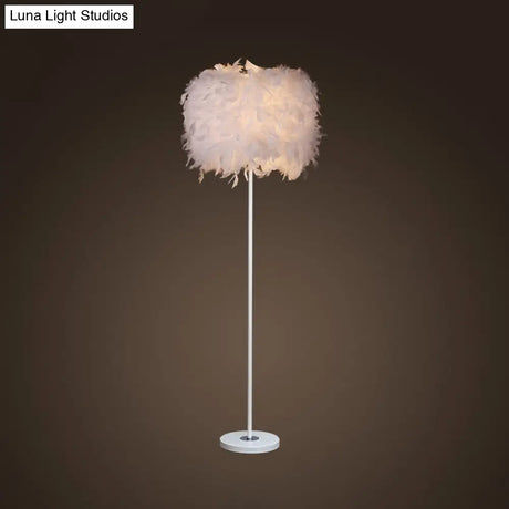 Minimalist White/Chrome Living Room Floor Lamp - Single-Bulb Standing Light With Feather Shade