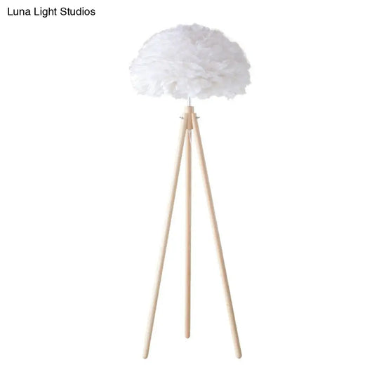 Minimalist White Dome Floor Lamp With Feather Detail And Wood Tripod Base