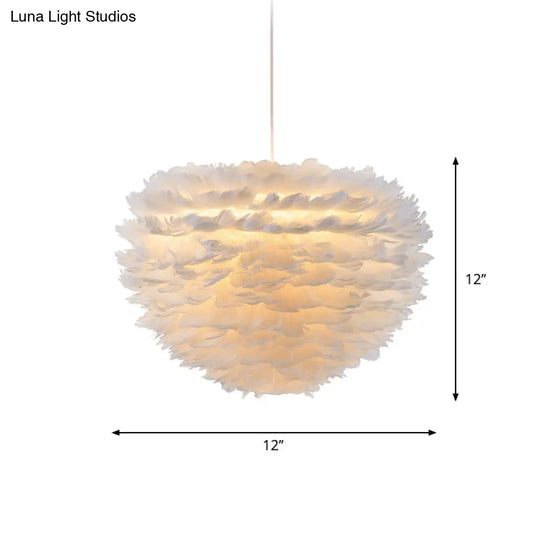 Minimalist White Dome Pendant Ceiling Light With Feather Accent For Girls Bedroom